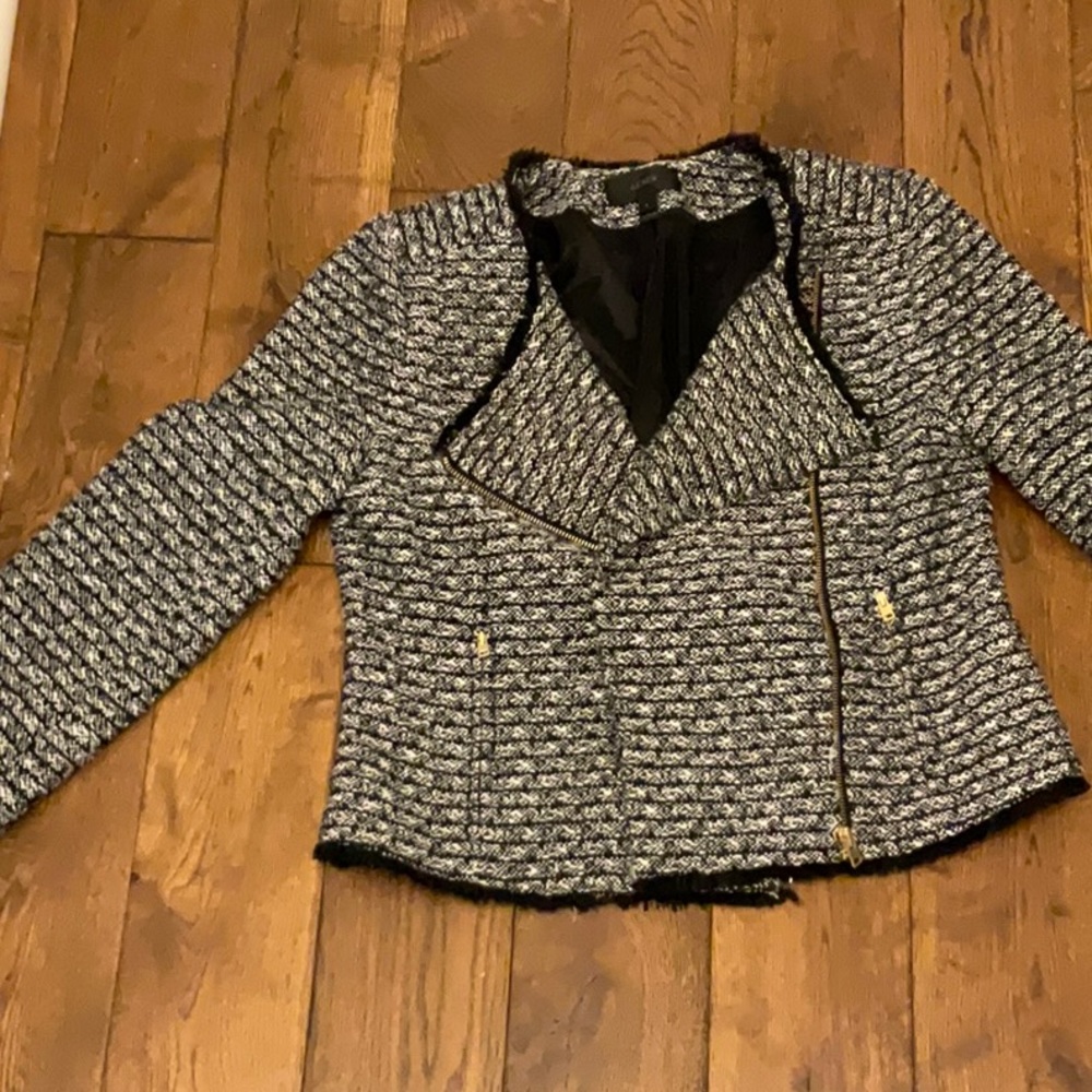 Black and white boucle zip blazer
